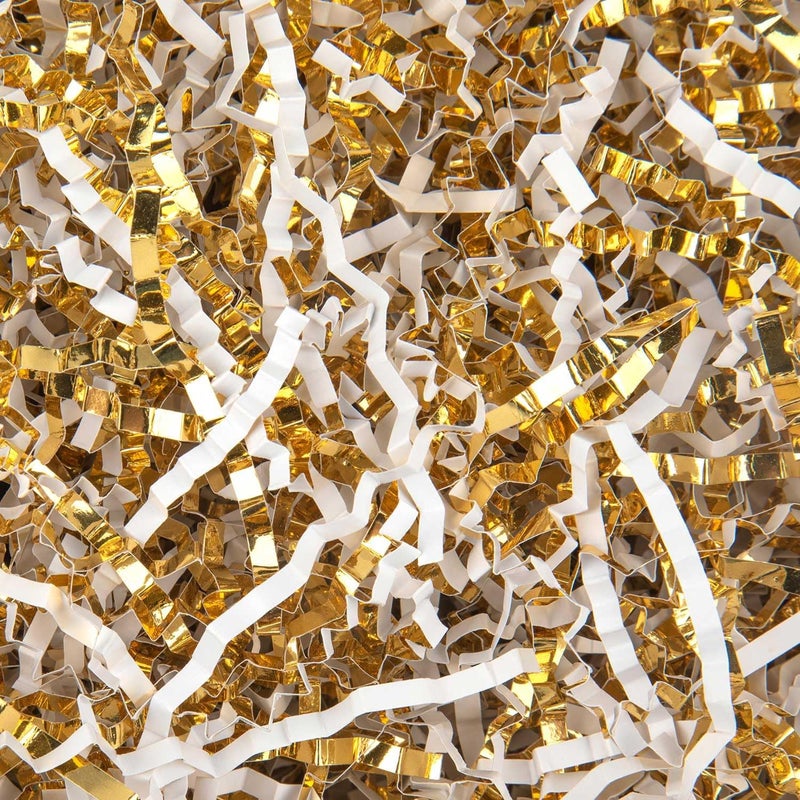 Caleihd 1/2 LB Crinkle Cut Paper Shredded Filler Paper for Gift Baskets Gift Box Confetti Paper Shreds Decoration Stuffing for Birthday, Weddings, Anniversaries, Christmas Wrapping White&Gold - Image 1